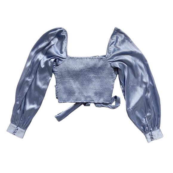 NEW Urban Outfitters Top Satin Puff Sleeve Smocked Shirt Square Neck Size Medium - Picture 2 of 10